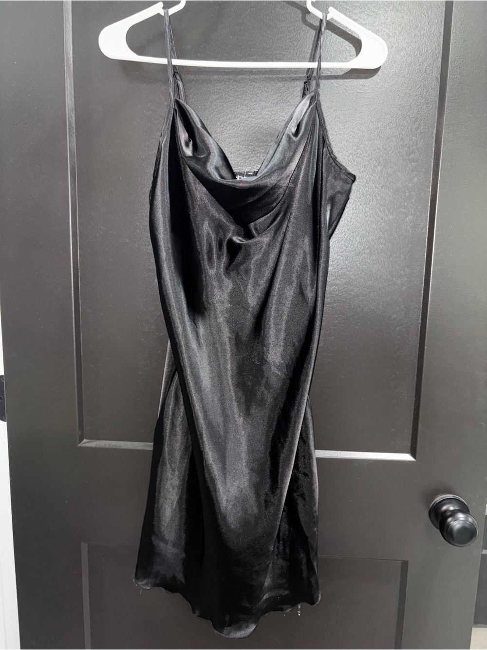 bebe Black Satin Cowl Slip Dress
